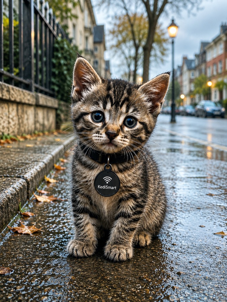 Kitten wearing a KediSmart NFC tag on its collar