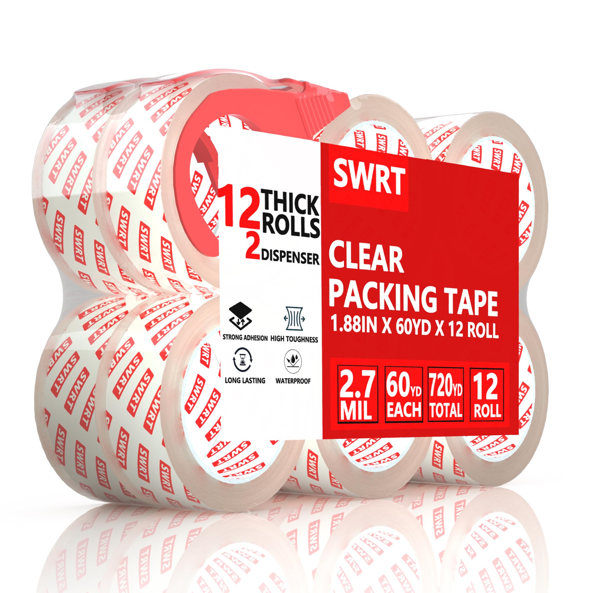 Scotch Heavy Duty Shipping Packing Tape, Clear, Packing Tape for Moving Boxes and Packaging Supplies, 1.88 in. x 22.2 yd., 6 Roll Dispensers, Moving Supplies