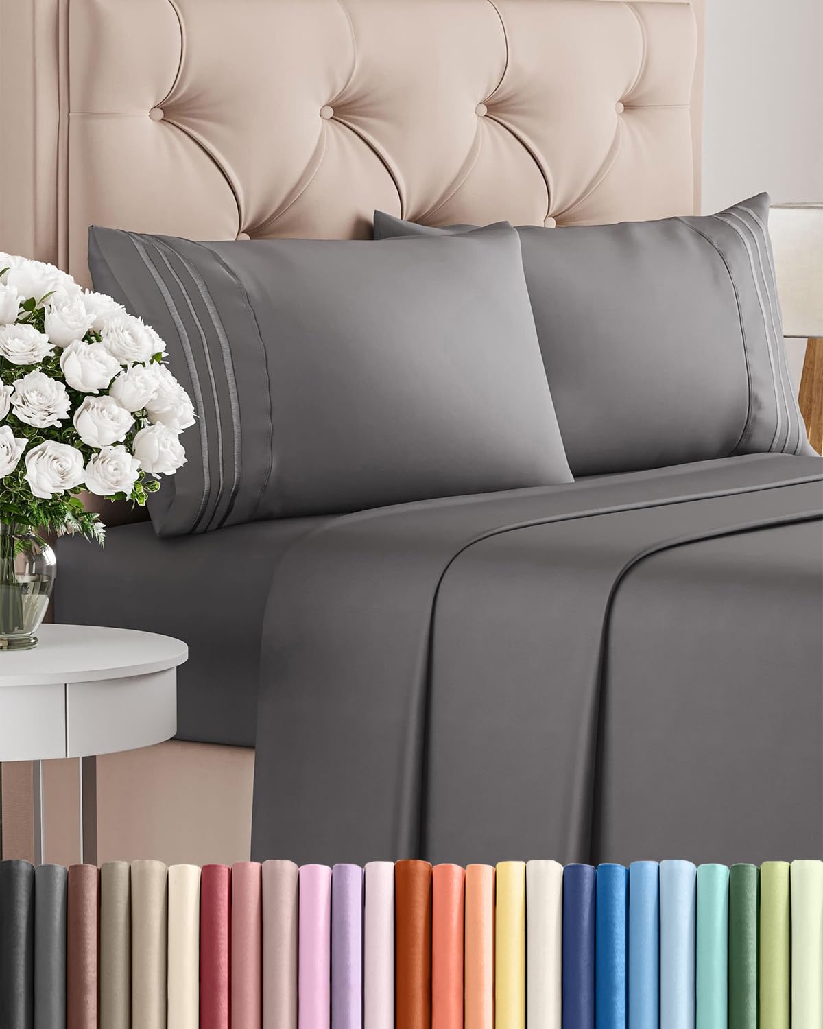 Queen Size Sheet Set – 4 Piece Bed Sheets, Soft and Breathable Microfiber, Includes 1 Fitted Sheet, 1 Flat Sheet and 2 Pillowcases – Oeko Tex (Grey)