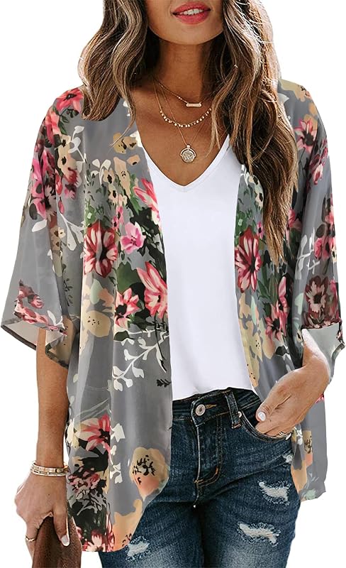 Women's Floral Print Puff Sleeve Kimono Cardigan Loose Cover Up Casual Blouse Tops(Dark grey,L) at Amazon Women’s Clothing store