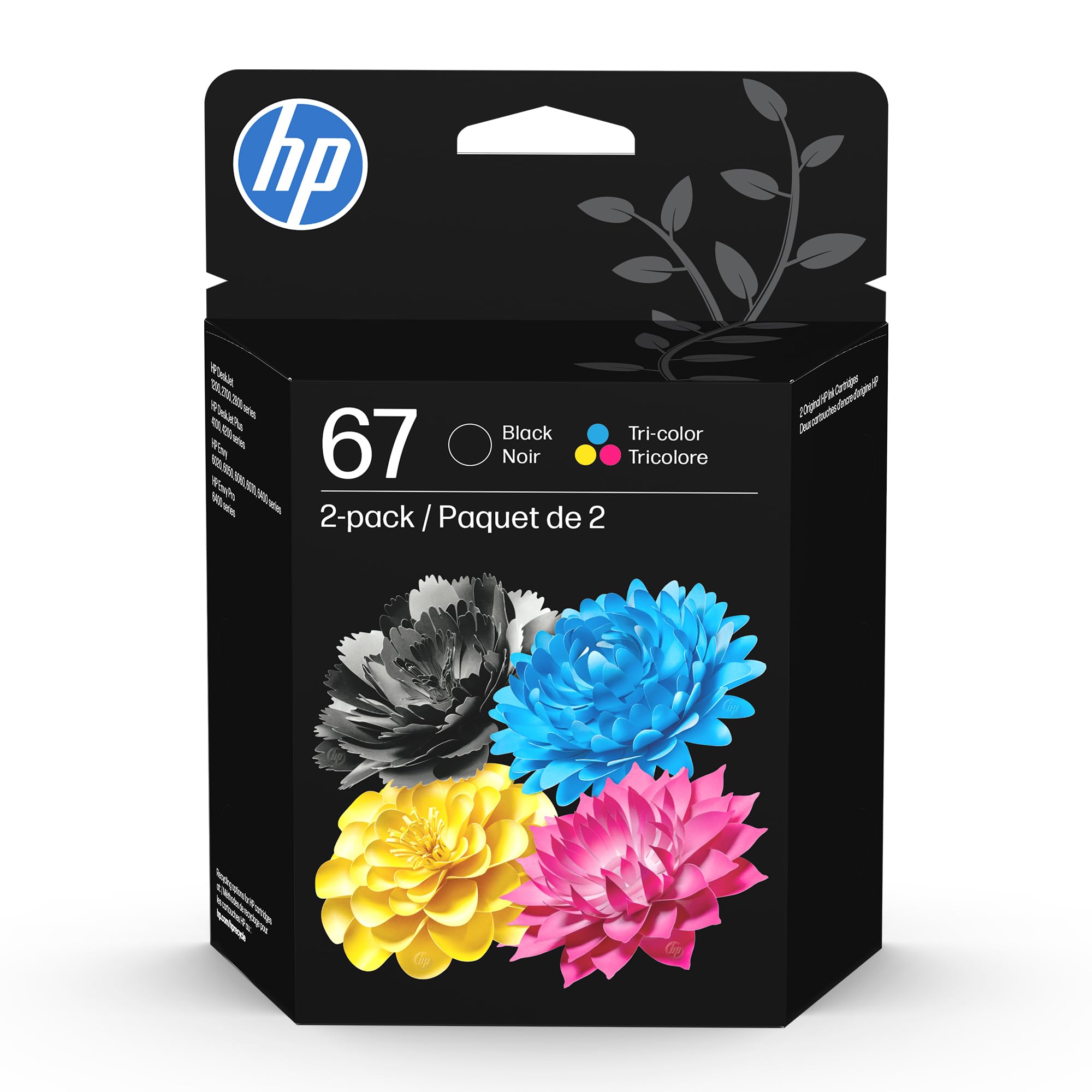 HP 67 Black/Tri-Color Ink Cartridges (2-Pack) | Works with DeskJet 1255, 2700, 4100, Envy 6000, 6400 | Instant Ink Eligible | 3YP29AN | Packaging May Vary