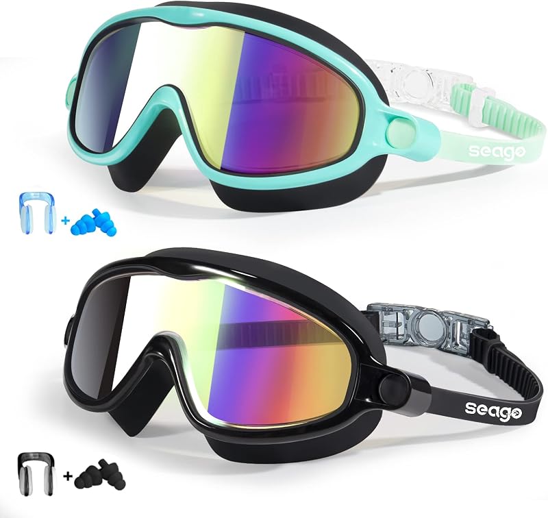 Kids Goggles for Swimming 2 Pack No Leaking Anti-Fog Outer Eye Fit with Wide View UV Protection Crystal Clear Watertight Swim Goggles with nose cover Suitable for Children Youth Boys Girls Age 3 to 14