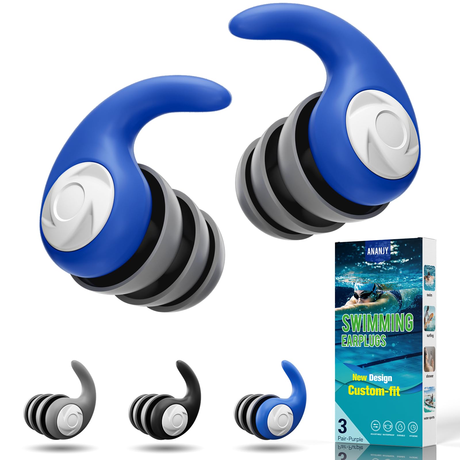 Swimming Ear Plugs for Adults,3 Pairs Waterproof Reusable Silicone Swim Earplugs for Swimming Surfing Snorkeling Showering and Water Pool,Beach,Ocean (Adults & Teens 14+)