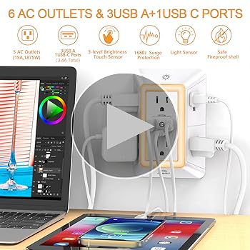 POWRUI Multi Plug 6 Outlet Surge Protector Extender with 3 USB Ports (1 USB C) and Night Light, 3-Sided Power Strip with Adapter Spaced Outlets, ETL Listed, White