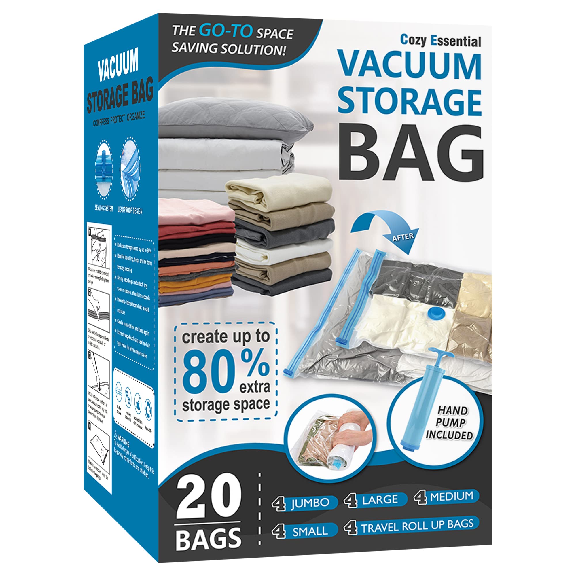 Vacbird 15 Pack Vacuum Bags for Travel with Rechargeable Cordless Electric Pump, Carry-on Packing Bags for Luggage and Suitcase, Space Saver for Clothes and Clothing