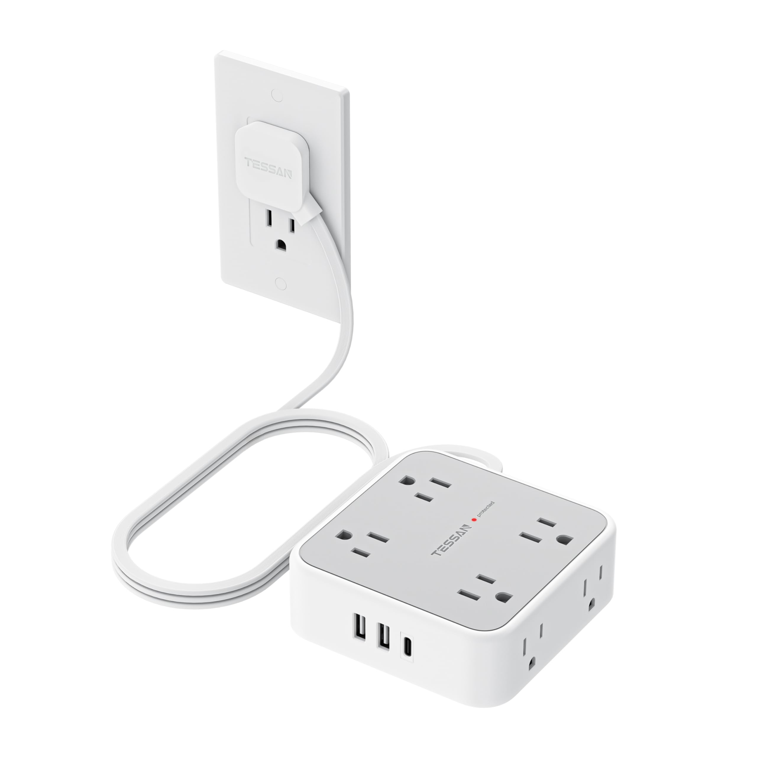 10Ft Extension Cord with Multiple Outlets, Flat Plug Surge Protector Power Strip 10 Ft Long Cord, 8 Outlets & 4 USB Ports (2 USB C), Desk Charging Station for Home Office, College Dorm Room Essentials