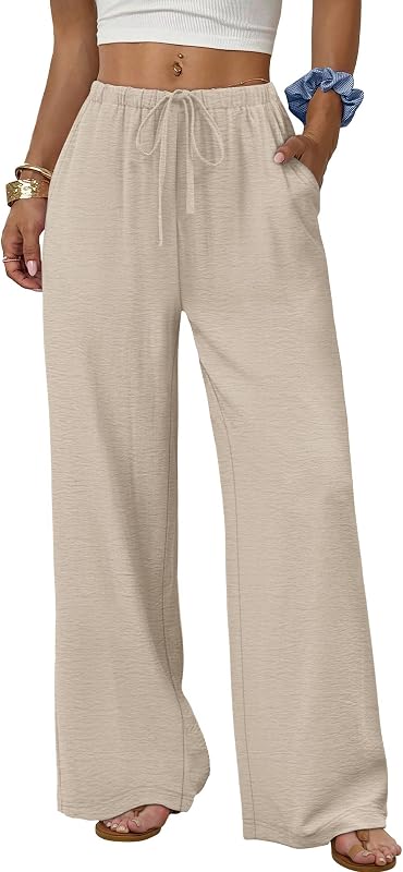 Sampeel Linen Pants Women Wide Leg Palazzo Pants Flowy Beach Vacation Clothes Spring Casual Summer Outfits Vacation Cruise 2026 Fashion Clothing Boho Luxury Airport Outfits Trouser Khaki M at Amazon Women’s Clothing store