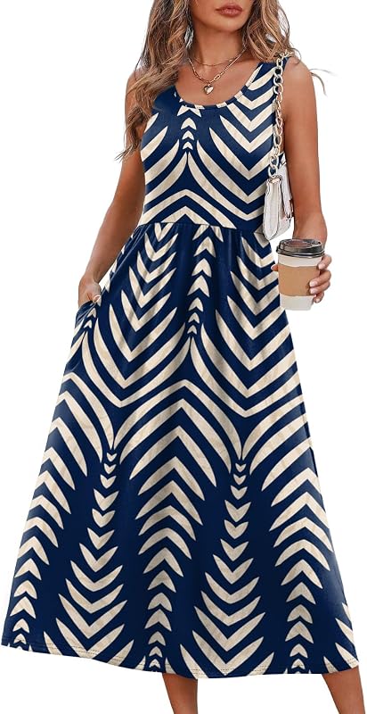 WIHOLL Casual Summer Dresses for Women 2025 Sleeveless Flowy Sun Spring Dress Sundresses Boho Italian Beach Vacation Dress Long Maxi Midi Dresses for Women 2026 Cruise Resort Wear Navy Stripe L at Amazon Women’s Clothing store