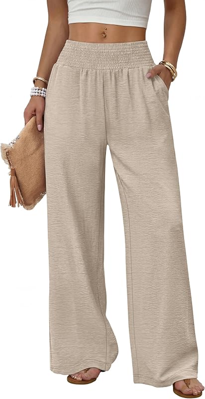 Sampeel Wide Leg Linen Pants Woman Boho Palazzo Trousers for Women 2026 Flowy Summer Beach Vacation Outfits Spring Cruise Travel Fashion Clothing Dressy Casual Lounge Resort Wear Apricot M at Amazon Women’s Clothing store
